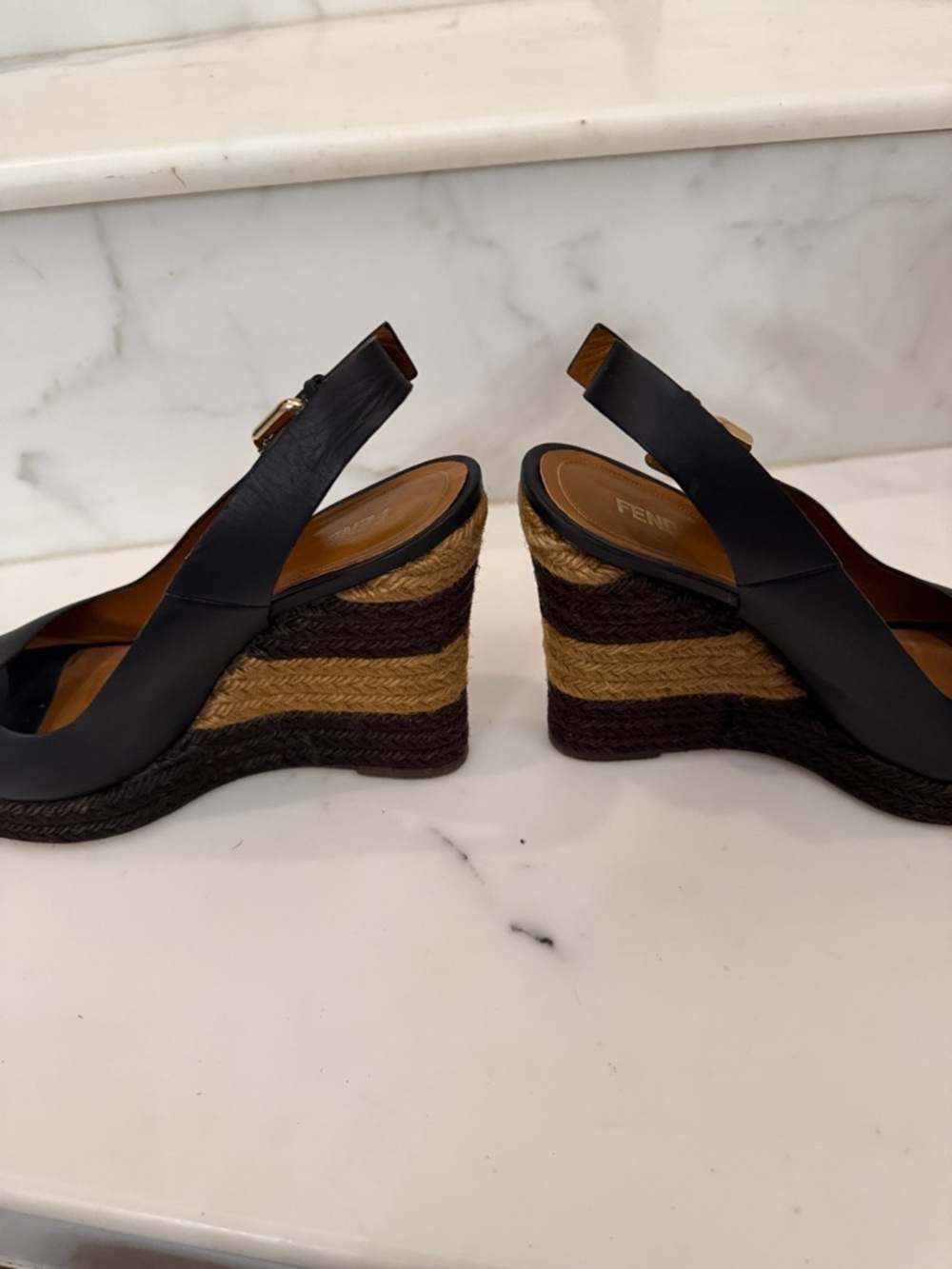 Fendi Black Leather Peep-Toe Espadrille Wedge Slingbacks